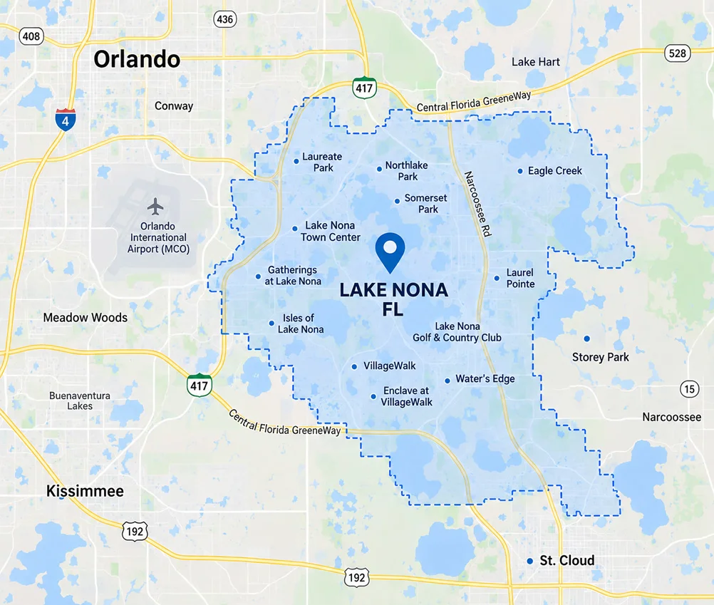 Map showing the Lake Nona Florida service area